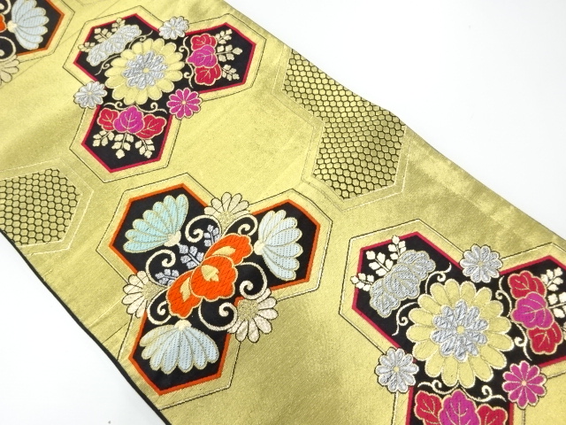 アンティーク　毘沙門亀甲に菊桐模様織出し袋帯（材料）